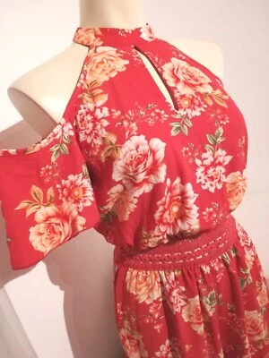 Amisu Overall Onesie Schulterfrei Neckholder Orangerot Rosen Blumen XS S 34 36 - Bild 1 von 4