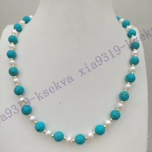 18" Exceptional Fine Turquoise Bead South Sea White pearl necklace 14k Gold P - Picture 1 of 6