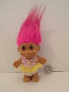 Russ Troll Doll~4"~Vintage~Pink Yellow Shirt~Panties~Pink Hair~Brown Eyes - Picture 1 of 6