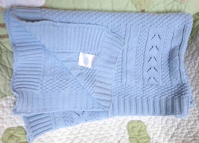 Bright Future Blue Cotton Cable Knit Ribbed Edge Baby Boy Blanket EUC JC Penney Foto 1 de 4