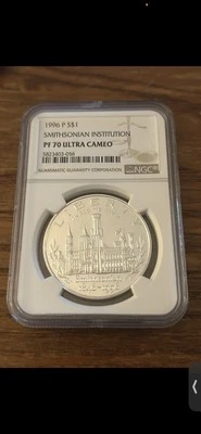 1996 SMITHSONIAN $1 Silver NGC PF70💥FLAWLESS QUALITY💥 - Image 1 of 2
