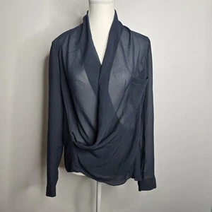Helmut Lang Shirt Womens Small Navy Blue Sheer Drape Front Long Sleeve Top USA - Picture 1 of 7