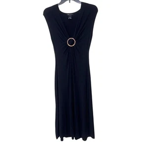 Abito midi nero BCBGMaxAzria vita stretta anello bambù accento M elasticizzato linea A - Foto 1 di 13