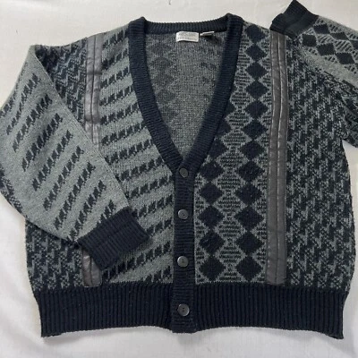 City Streets 开衫男士 L 毛衣 黑色灰色人造皮革饰边 V 领爷爷 — 第 1/4 张图片