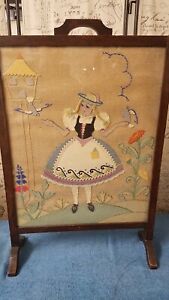 Antique early 1900's Fireplace Screen with European Girl Applique and Embroidery