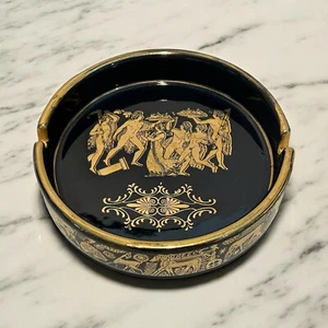 Vtg Greek Ashtray People Animals Horse Chariot Black 24kt Gold Trim Porcelain - Picture 1 of 12