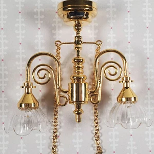 Plafoniera a batteria casa delle bambole scala 1/12 lampadario vittoriano 2 bracci oro - Foto 1 di 14