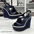 LOUIS VUITTON MA1114 Leather Denim Logo Wedge Sandals 36 Navy Authentic Used