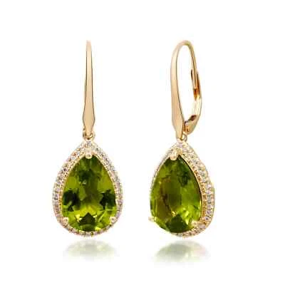 14K Yellow Gold 8.30 Carat Natural Peridot and Diamonds Teardrop Women Earrings - Image 1 of 4