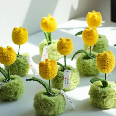 Crochet Flower Tabletop Decoration Hand Knitted Flower&Pot Ornament Combo Lucky - Image 1 of 4