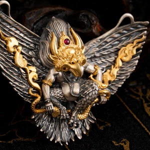 Tibetischer goldgeflügelter Dapeng Vogel Ethno Nische Retro Anhänger S925 Paar Amulett - Bild 1 von 12