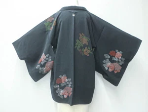 Japanese Black Haori Jacket - Kimono Silk One Crest Flower Black 50y EB-161 - Picture 1 of 13