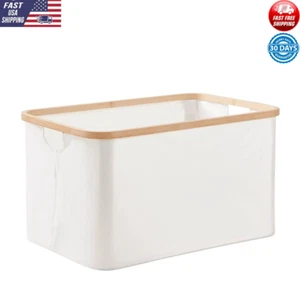 Collapsible Canvas Laundry Basket W/ Bamboo Rim & Water Resistant Lining New - Picture 1 of 8