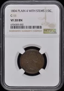 1804 Plain 4 with Stems Draped Bust Half Cent C-11 1/2C NGC VF20BN - Picture 1 of 4