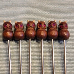 VTG MCM Owl Appetizer Skewers Teak Wood Stainless Rhinestone Eyes Set Of 6 - Picture 1 of 9
