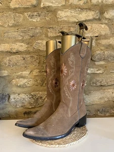 Nine West Womens Brown Floral Suede Leather Cowboy Boots UK 7 US 9M Western - Picture 1 of 24