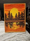 Vintage Latch & Hook Rug Wall Art Hanging Trees Sunset 70’s Boho 25"×19" Framed