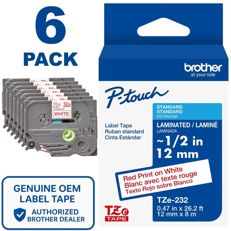 Brother P-Touch TZE232 TZe Standard Adhesive Labeling Tape - Red on White