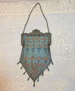 Antiguo bolso de noche de malla metálica y esmaltada vintage de 1920 con cadena (leer) - Imagen 1 de 11
