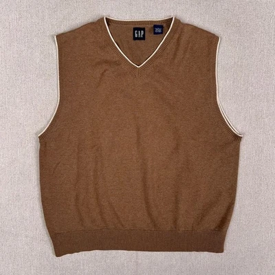 Vintage 90s GAP Knit Cotton V-Neck Sweater Vest Mens Large Brown Preppy Grandpa - Image 1 of 4