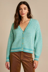 Vintage Jersild Damen XL 100 % Baumwolle Strick Cardigan Pullover Hahnentritt Aqua Preppy - Bild 1 von 13