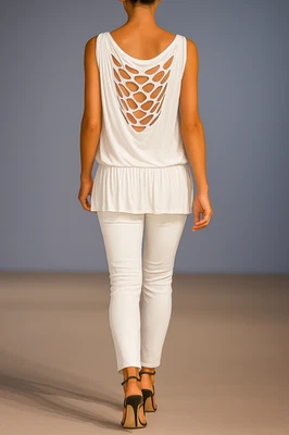 VESTIDO TÚNICA TOP LARGO CON HOMBROS DESCUBIERTOS ESPALDA RALLADO BLANCO RELIGIÓN L 14. Foto 1 de 4