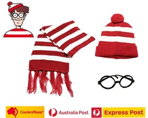 Where's Wally Book Week Dress Up 3 PCS Set Waldo Scarf Beanie Glasses Free Ship - Picture 1 of 5
