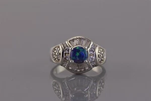 Sterling Silver Blue Opal Cubic Zirconia Baguette Accented Band Ring 925 Sz: 7 - Picture 1 of 8