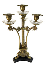 Early 20th Century Embossed Brass 4 Arm Candelabra Floral Detail Crystal Bobeche