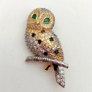 Owl Cubic Zirconia 24 K Gold Plated Brooch Pin - Bird CZ Brooch Animal Jewelry - Picture 1 of 6