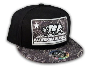 California Republic Bear Patch Black Paisley Snapback Hat Flat Bill - Picture 1 of 4