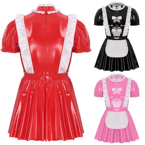 Men's Faux Leather PVC Sissy Wet Look A-Line Dress French Maid Cosplay Costume - Picture 1 of 34