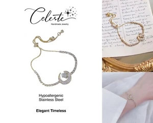 Zircon Moon Star Bracelet Adjustable Bling Cubic Star Moon Charm Bracelet - Picture 1 of 8