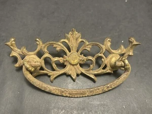 Vintage Victorian DRAWER Pull Cast Brass 5" Fancy Scroll Backplate Metal Bail - Picture 1 of 9