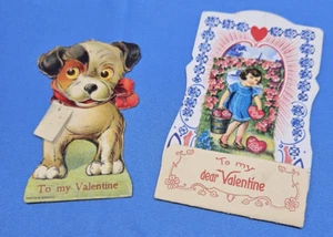 Tarjeta de niña de pie plegable con ojos móviles de perro de San Valentín alemán temprano de colección antigua - Imagen 1 de 4