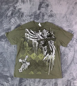 Vintage Affliction Shirt Mens XL Green Cross Angel Wings Reversible Y2K Biker - Picture 1 of 7