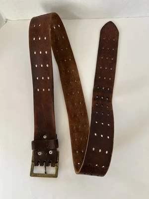 VTG Leather Belt Brown Brass Buckle Hippie Western Biker 1970s 1980s - Image 1 of 4