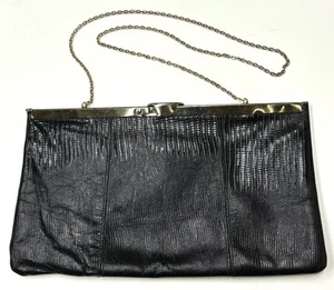 Vintage Etra Italy Leather Clutch Purse Black Evening Bag w/ Gold Chain - Picture 1 of 9