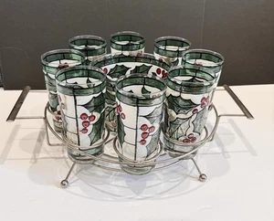 W Virginia Snowy Holly Berry Stained Glass Set of 8 Tumblers Ice Bucket & Caddy - Picture 1 of 12