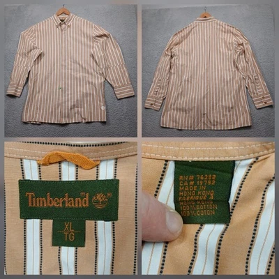 Timberland Shirt Mens XL Tan White Stripe Long Sleeve 100% Cotton Made Hong Kong - Image 1 of 4