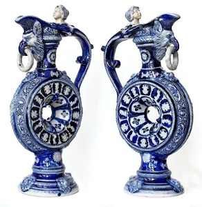 Antique Westerwald Decanter Pitcher Ewer Salt Glaze XIXc R Hanke Germany Pair - Picture 1 of 24