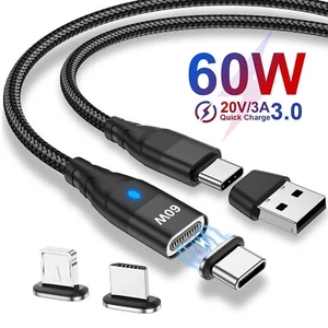 Câble USB-C Magnétique 60W 3 en 1 Chargeur Rapide pour iPhone Samsung Micro Type-C - Photo 1 sur 21