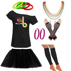 Damen Schulterfrei 80er Party Klassisch T-Shirt Set Retro Party Accessoires 6415 - Bild 1 von 22