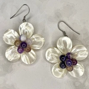 Mother of Pearl Flower Boho Style Purple Stone Bead Dangle Fashion Hook Earrings - Picture 1 of 6