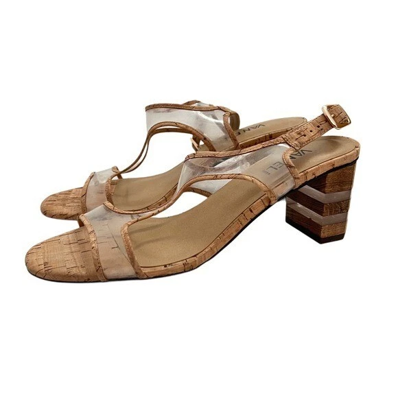 Vaneli PU 透明软木粗跟女式棕褐色米色凉鞋 8.5 — 第 1/4 张图片