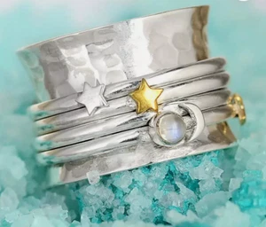 Anillo Grueso Celestial Plata De Moda Dijes Sol Luna Estrellas Anillo Inquieto Talla 7-10 - Imagen 1 de 4