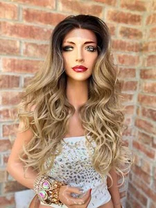 BLONDE BALAYAGE ROOTED, Lace 13x4 Frontal Wig, Loosely Curled Hair, 22 Inches Lo - Picture 1 of 5