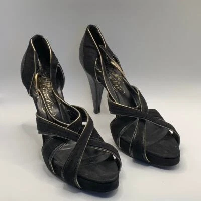 ALEJANDRO INGELMO Women's Black/Gold Peep-Toe Cross Strap Heels SZ 9 - Image 1 of 4