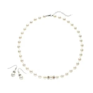 New in Box 18" White Natural Pearl & Crystal Silver Necklace & Drop Earring Set - Picture 1 of 2