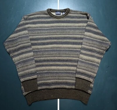 Vintage Fair Isle Sweater Mens Large Beige Striped Knit Thick Grandpa Grunge - Image 1 of 4